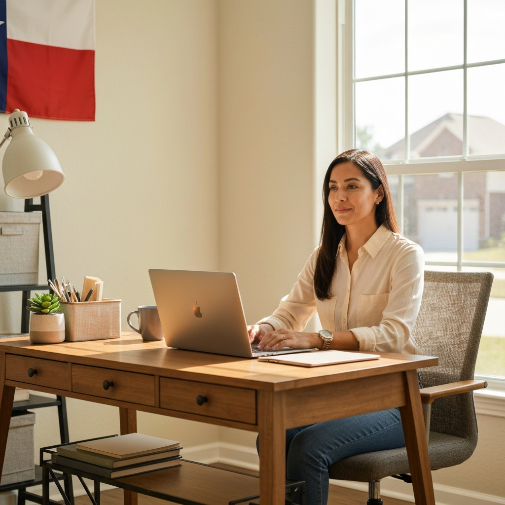 Hispana trabajando desde casa en Texas con laptop