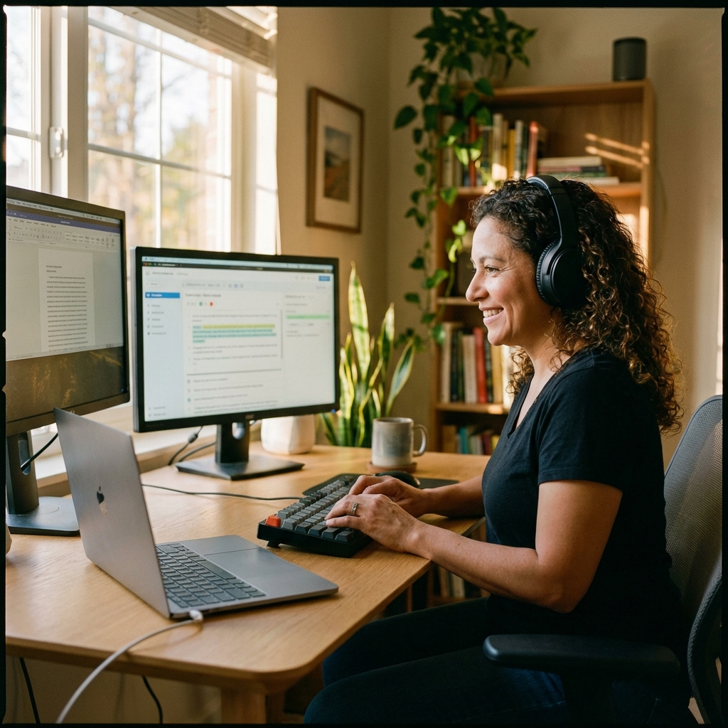 Mujer hispana trabajando como transcriptora desde casa con auriculares y laptop