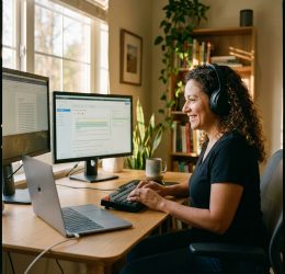 Mujer hispana trabajando como transcriptora desde casa con auriculares y laptop